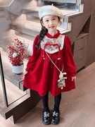 女童红色加绒儿童过年服冬季裙子玩偶新年拜年服女宝宝秋冬连衣裙