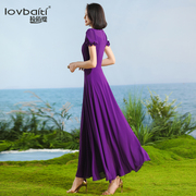 紫色大摆显瘦连衣裙夏季气质，别致雪纺收腰超长裙到脚踝762