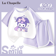 拉夏贝尔女童夏装套装纯棉2024洋气，女宝宝童装运动服儿童短袖