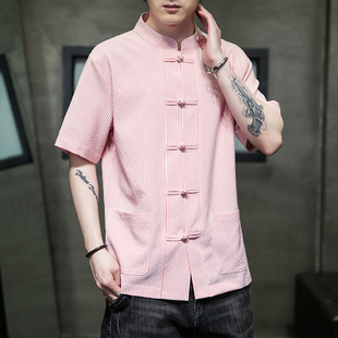 新中式盘扣唐装男夏季中国风棉麻蓝色粉色竖条纹短袖衬衫复古男装
