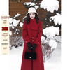 70元券朱砂新中式优雅红色新年外套女围巾款全羊毛双面呢大衣