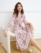 连衣裙时尚气质甜美木，耳边飘带立领收腰显瘦长袖雪纺碎花裙0.29