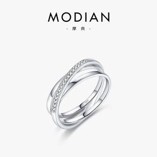摩典s925纯银微镶交叉三环个性，戒指女小众，简约环环相扣情侣礼物