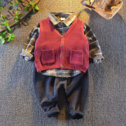 男宝宝秋装套装1-2岁男童长袖格子衬衣4毛线马甲5婴幼儿三件套潮