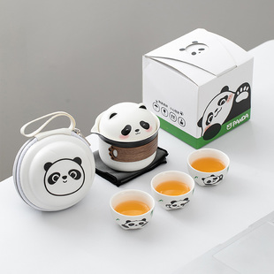 熊猫快客杯陶瓷便携式一壶三杯户外露营随身旅行茶具，套装茶壶茶杯