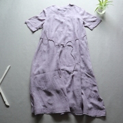 夏日清凉柔软肌理苎麻柔美烟紫纯色圆领短袖珍珠腰带连衣裙长裙