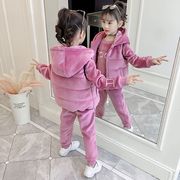 女童金丝绒套装加绒加厚秋冬装2023时髦运动儿童装两三件套