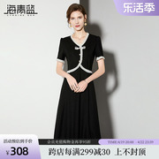 海青蓝新中式假两件连衣裙2024夏季V领黑色盘扣减龄显瘦裙子
