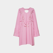 superr 重工轻奢镂空刺绣蝴蝶结露背设计感宽松喇叭袖粉色连衣裙