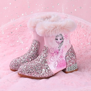 女童爱莎公主短靴冬季马丁靴儿童加绒保暖雪地靴宝宝高跟鞋子