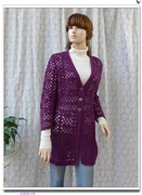 春季紫色v领单排扣羊毛长袖中长款针织，开衫勾花镂空甜美日系淑女
