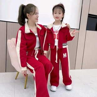 女童亲子运动套装2023春季韩版洋气拼接字母卫衣休闲套装潮