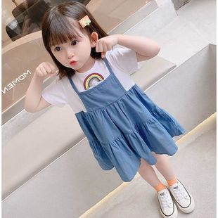 韩系儿童假两件连衣裙夏女童(夏女童)可爱卡通，公主裙新版小女孩洋气中长裙