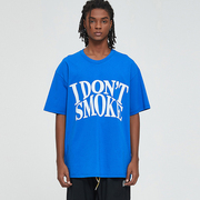 IDONTSMOKE拒绝吸烟标语设计师潮牌宝蓝色LOGO印花宽松短袖T恤男