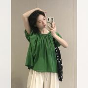 绿色棉麻短袖衬衫女夏款很仙的超仙高级感独特别致绝美泡泡袖上衣