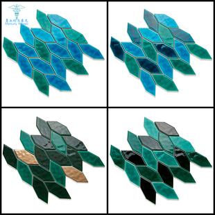 菱形全陶瓷马赛克瓷砖轻奢拼图，背景墙贴个性吧台蓝色防滑泳池地砖