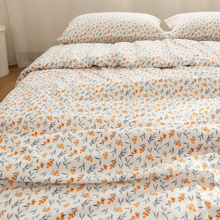 三个橙水墨田园风全棉床单被套枕套纯棉被罩可宿舍温暖干净