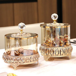 轻奢风金色水晶玻璃带盖装饰储物罐 美式欧式茶几糖果罐装饰摆件