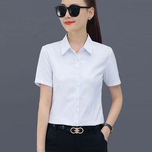 白色衬衫女短袖，2024夏季修身气质纯色，衬衣翻领ol职业装工作服