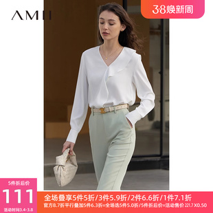 Amii2023秋季法式小衫V领荷叶边衬衫长袖雪纺衫女白色衬衣