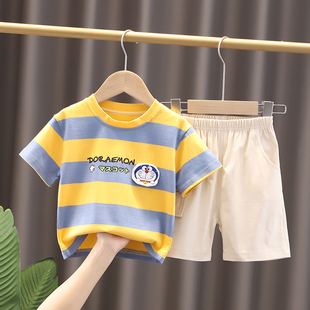 童装男童夏装小男孩帅气条纹短袖，两件套装1一2-3-4岁宝宝夏季衣服