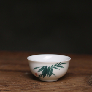 90年代潮州高温纯(高温纯)手工手绘釉下彩工夫茶杯，反口杯陶瓷画山水绿竹