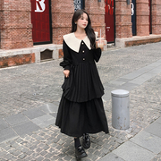 黑色娃娃领连衣裙女春秋2023设计感撞色拼接遮肉显瘦大码长裙
