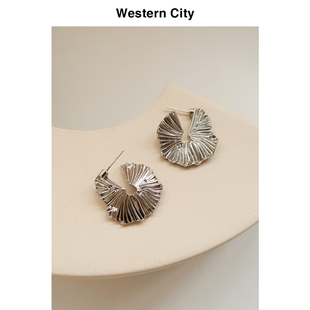 westerncity褶皱银耳环，波西米亚裙摆耳饰，唯美几何冷淡风耳钉女