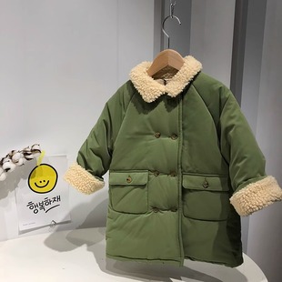 女童军大衣2023冬季洋气加厚保暖中长款宝宝，外套儿童绿色棉服