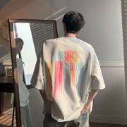oversize彩虹条纹白色短袖T恤男装2024夏季衣服潮牌宽松半袖