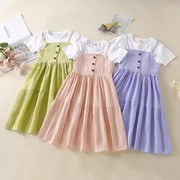 女童连衣裙夏装2023韩版洋气假两件公主裙短袖小学生儿童裙子