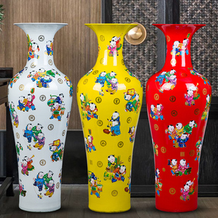 景德镇陶瓷器百子图落地大花瓶，红色1米花瓶客厅2米大摆件结婚