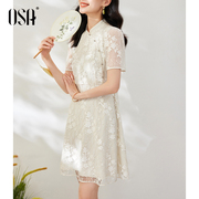 osa欧莎米白色新中式蕾丝旗袍，连衣裙女士夏季2023年短袖裙子