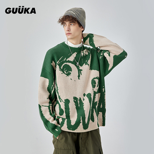 GUUKA潮牌绿色28支晴棉圆领毛衣男 坏学生二次元加厚针织衫女宽松