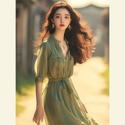 新中式小立领那不勒斯长裙超仙女，薄荷曼波风绿色，雪纺连衣裙女夏季