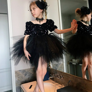 儿童黑色短款亮片礼服女童高端钢琴演出服装宝宝，婚礼泡泡公主裙子