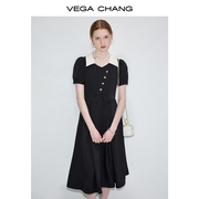 vegachang法式连衣裙女2024年夏季假两件撞色翻领气质长裙子