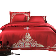 欧式婚庆四件套大红色结婚床上用品，床单被套件简约刺绣，新婚庆(新婚庆)床品