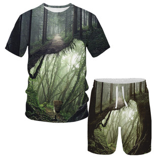 夏季款3D绿色森林速干透气宽松加大码冰丝五分裤短裤短袖T恤套装
