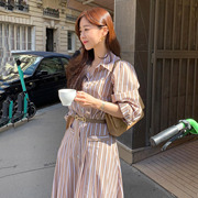 韩国东大门秋季法式减龄复古条纹单排扣中长款衬衫连衣裙女配腰带