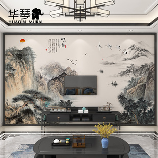 新中式水墨写意大型国画电视背景墙壁纸客厅沙发墙纸墙布壁布定制
