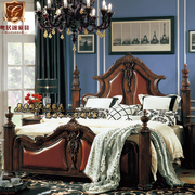 美式实木床双人床柱子床高端复古雕花别墅卧室婚床真皮床主卧床