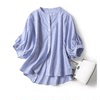 日系宽松遮肉百搭衬衫女夏季薄款蓝色竖条纹立领蝙蝠袖全棉衬衣
