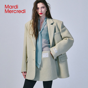 mardimercredi羊毛呢西装外套a字，短裙女套装，马卡龙(马卡龙)色韩版垫肩