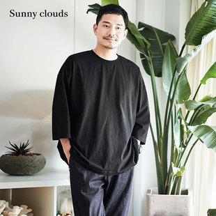 桑妮库拉/Sunny clouds 男式纯棉落肩七分袖T恤衫（黑）