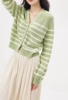原单春款  清新淡绿色条纹V领灯笼袖针织羊毛衫
