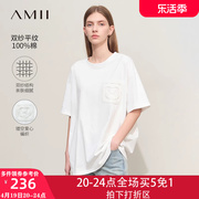amii2024夏季休闲百搭宽松中长款纯棉，短袖t恤女款白色欧货