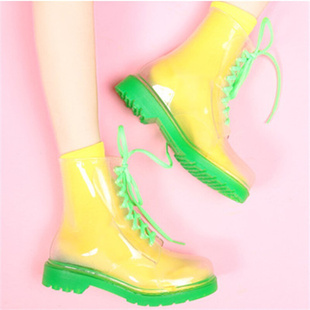 好货透明雨鞋韩国水晶果冻鞋平底马丁雨靴时尚防水防滑女鞋糖果色