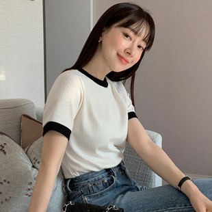 韩国chic春季复古气质圆领拼接撞色包边设计宽松百搭短袖针织T恤