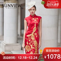 sunview尚约春夏女装中国红复古立领刺绣高贵真丝旗袍礼服